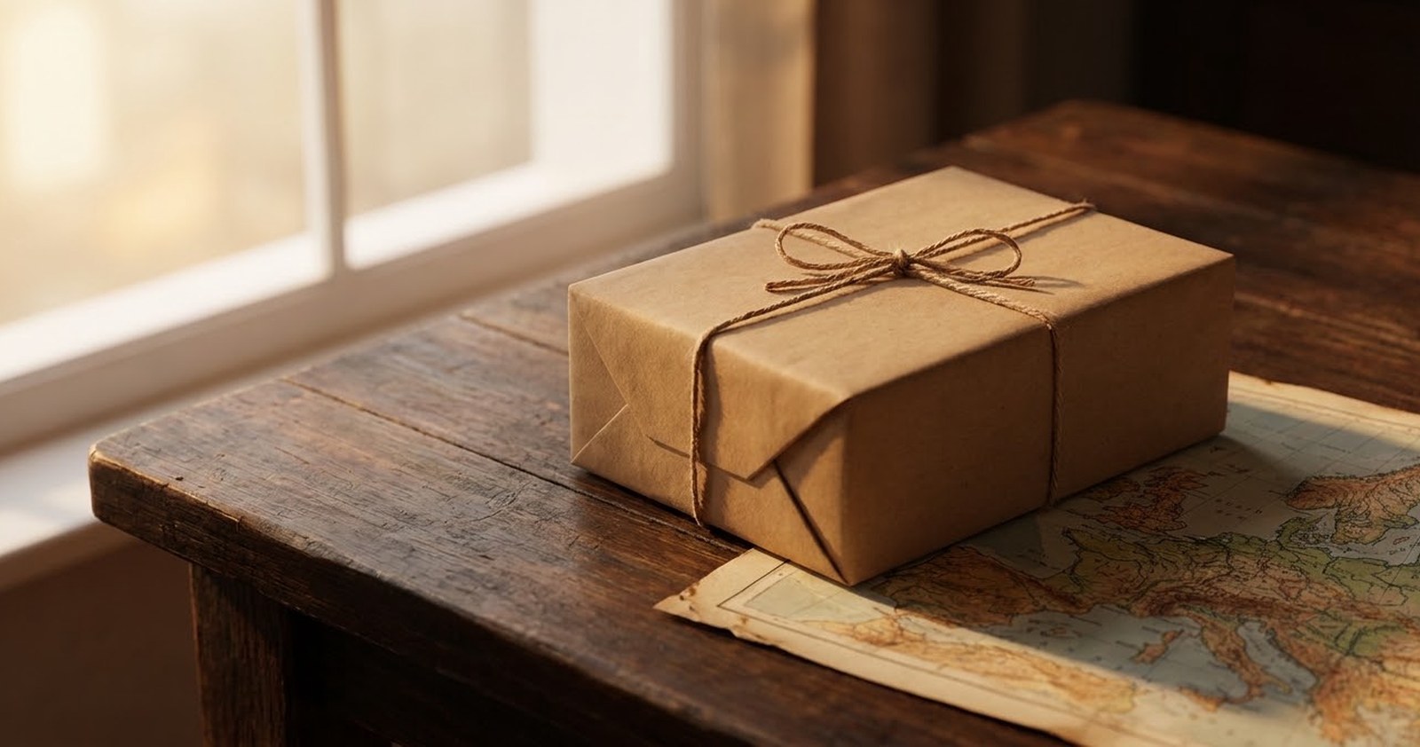 Plain kraft parcel on a dark table beside a paper map of Europe, illustrating heated tobacco delivery across the EU