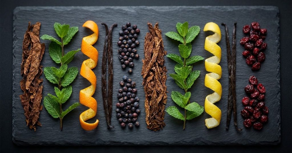 Overhead tasting board of tobacco leaves, mint, citrus and berries laid in rows, for choosing an IQOS ILUMA stick