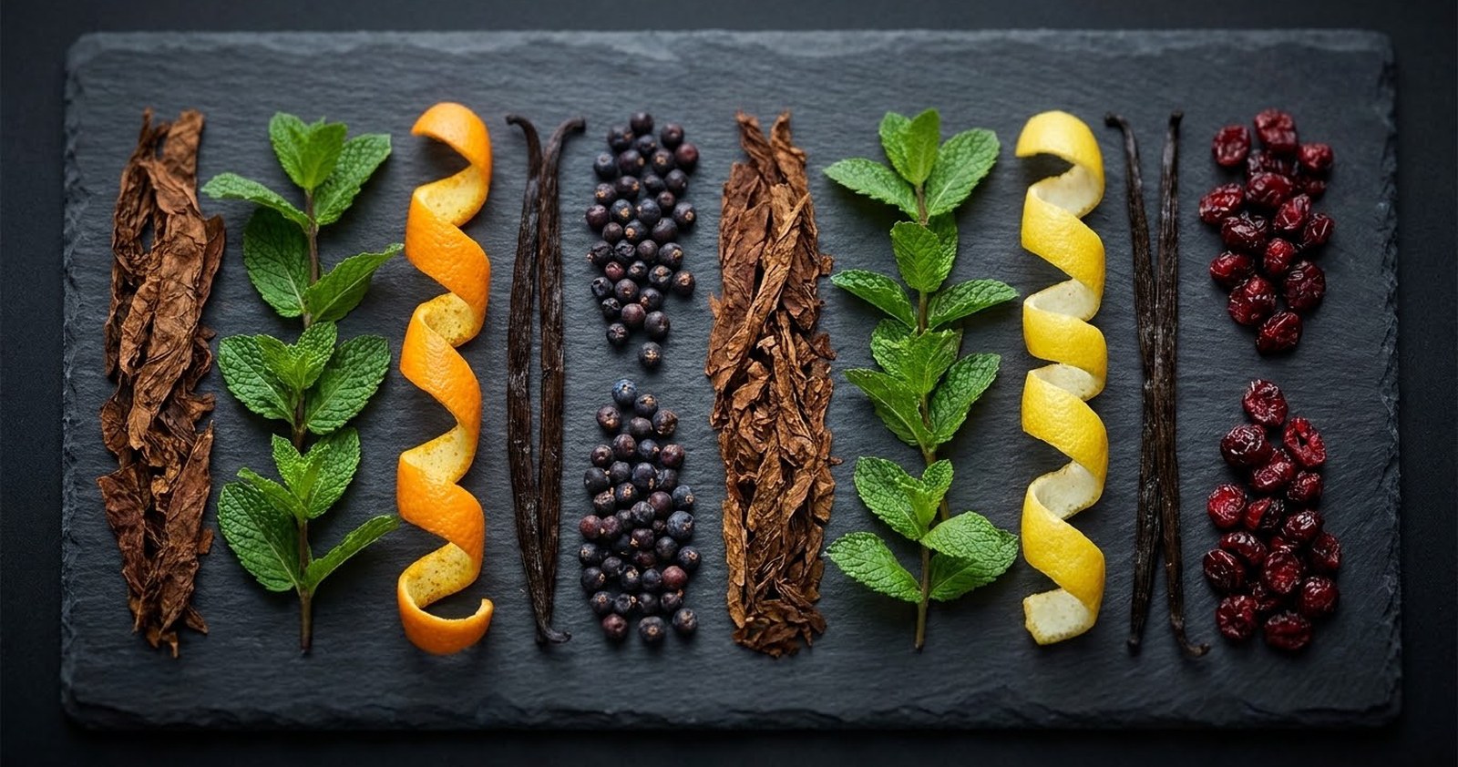 Overhead tasting board of tobacco leaves, mint, citrus and berries laid in rows, for choosing an IQOS ILUMA stick