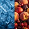 Split image of frozen ice shards and warm summer fruit, comparing LEVIA Glacial with LEVIA Summer Pearl
