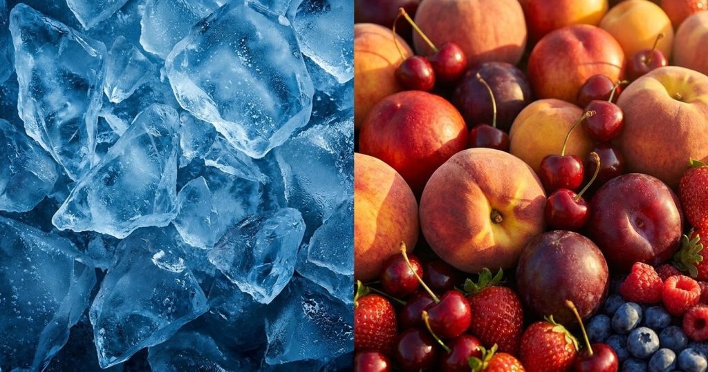 Split image of frozen ice shards and warm summer fruit, comparing LEVIA Glacial with LEVIA Summer Pearl