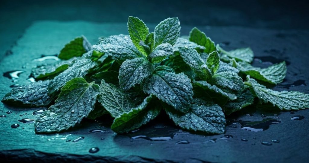 Frosted mint leaves with ice crystals in cool blue light, comparing the TEREA menthol sticks