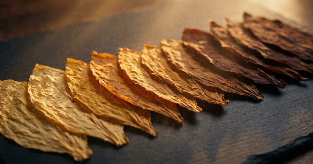 Cured tobacco leaves laid out from pale gold to deep roasted brown, illustrating the TEREA flavour range for IQOS ILUMA