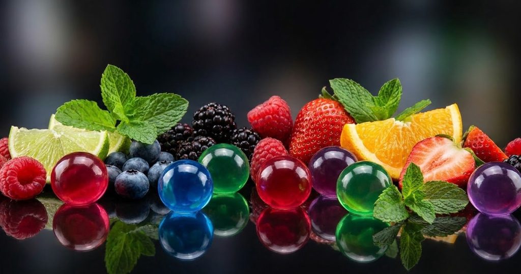 Translucent flavour capsules among berries, citrus and mint — the tobacco-free VEO range