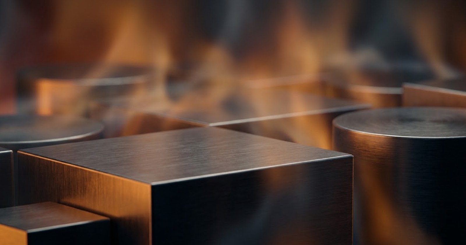 Warm amber and charcoal gradients with rising heat haze, illustrating how glo Hilo heats VIRTO sticks