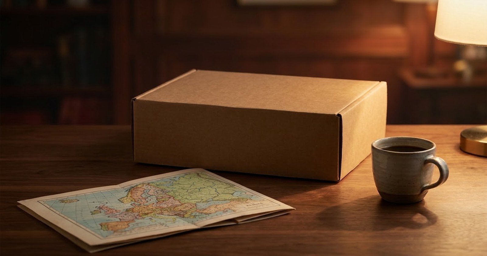 Shipping box, coffee and a folded map of Europe in warm lamp light, illustrating where to buy TEREA sticks online