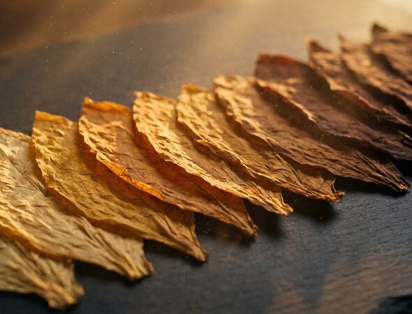 Cured tobacco leaves laid out from pale gold to deep roasted brown, illustrating the TEREA flavour range for IQOS ILUMA